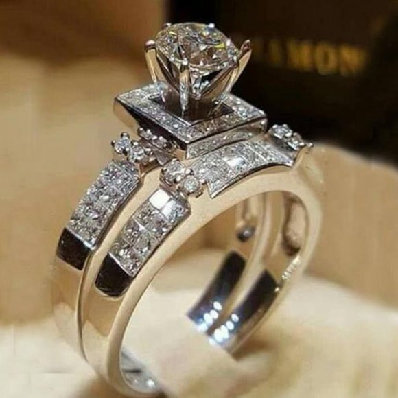 NEW 2pc/set 925 Sterling Silver Diamond Ring Set